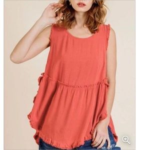 Umgee Linen Blend Top SMALL Scoop Neck Frayed Ruffle High Low Sleeveless